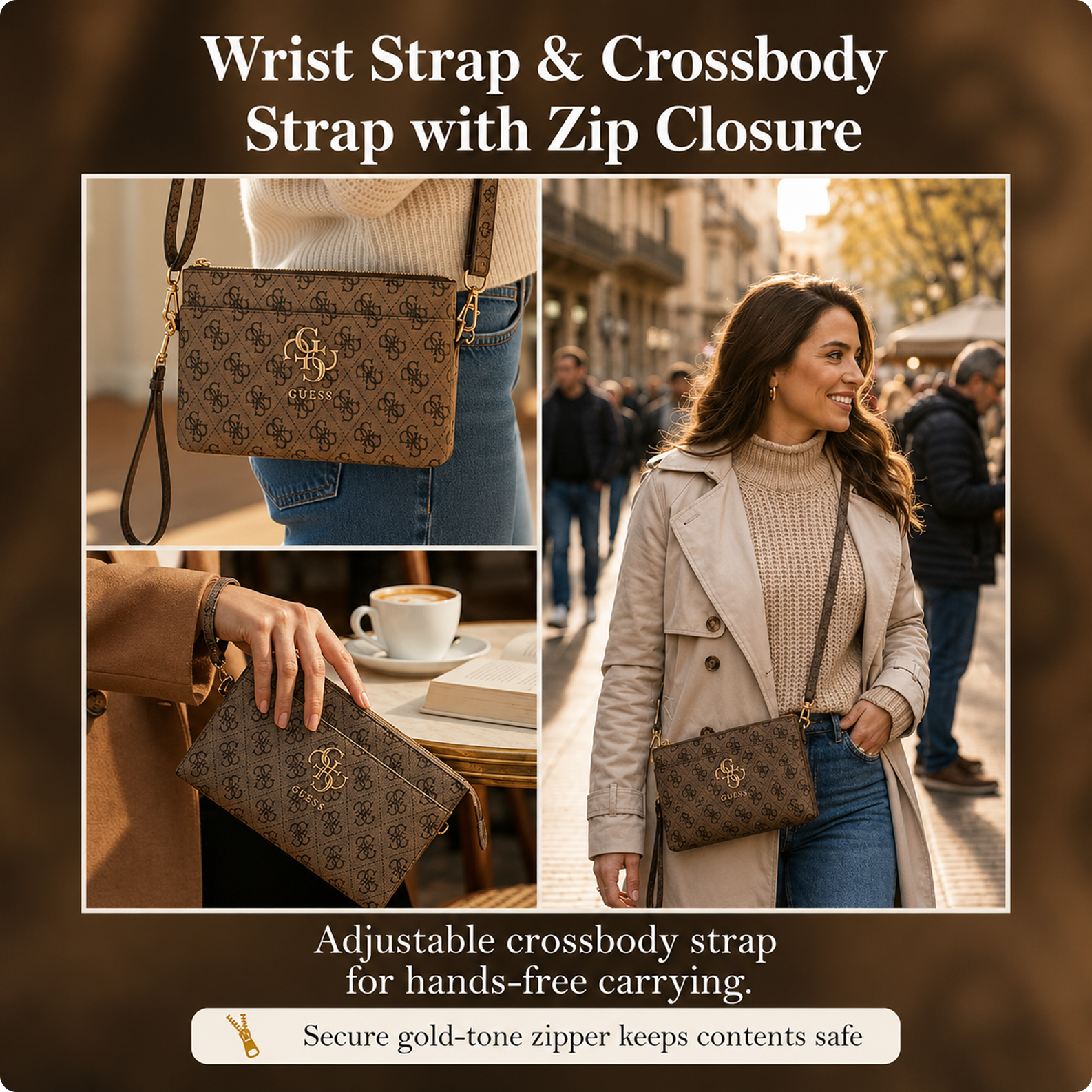CG MOBILE GUESS Universal Phone Wallet Bag Officially Licensed, Big 4G Logo Print Phone Pouch with Crossbody Strap, Impact-Resistant Protective Phone Holder for Men & Women - Brown