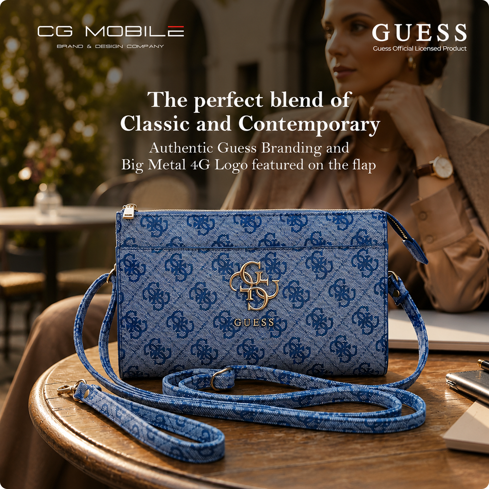 CG MOBILE Guess Universal Phone Wallet Bag Officially Licensed, Big 4G Logo Print Phone Pouch with Crossbody Strap, Impact-Resistant Protective Phone Holder for Women - Blue