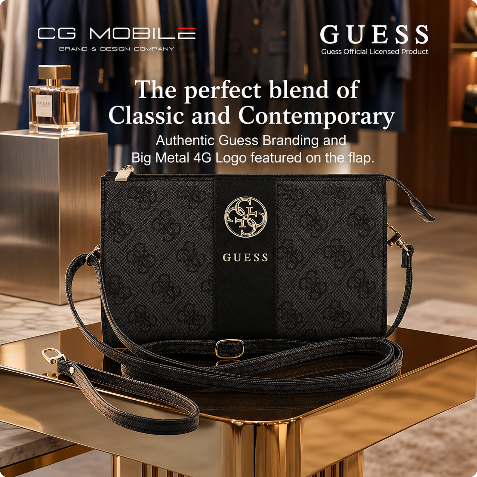 CG MOBILE GUESS Phone Wallet Bag Officially Licensed, PU Leather With Middle Stripe, 4G Metal Round & Classic Logo & Strap | Phone Pouch with Crossbody Strap, Protective Phone Holder for Unisex