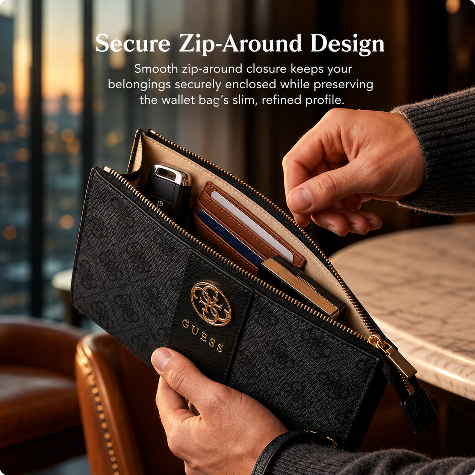 CG MOBILE GUESS Phone Wallet Bag Officially Licensed, PU Leather With Middle Stripe, 4G Metal Round & Classic Logo & Strap | Phone Pouch with Crossbody Strap, Protective Phone Holder for Unisex