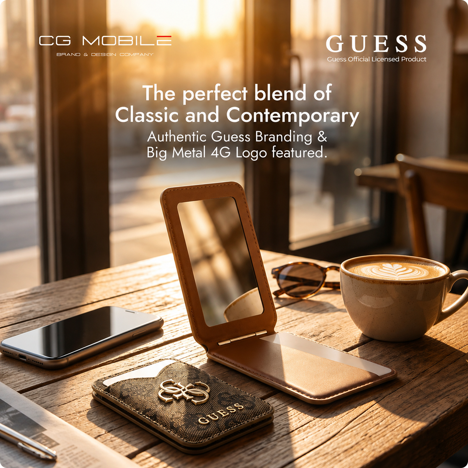 CG MOBILE Guess Magnetic Wallet Official Licensed, PU Wallet Cardslot 2 Crads Equipped with Magnetic System Stand Function & Mirror - Brown