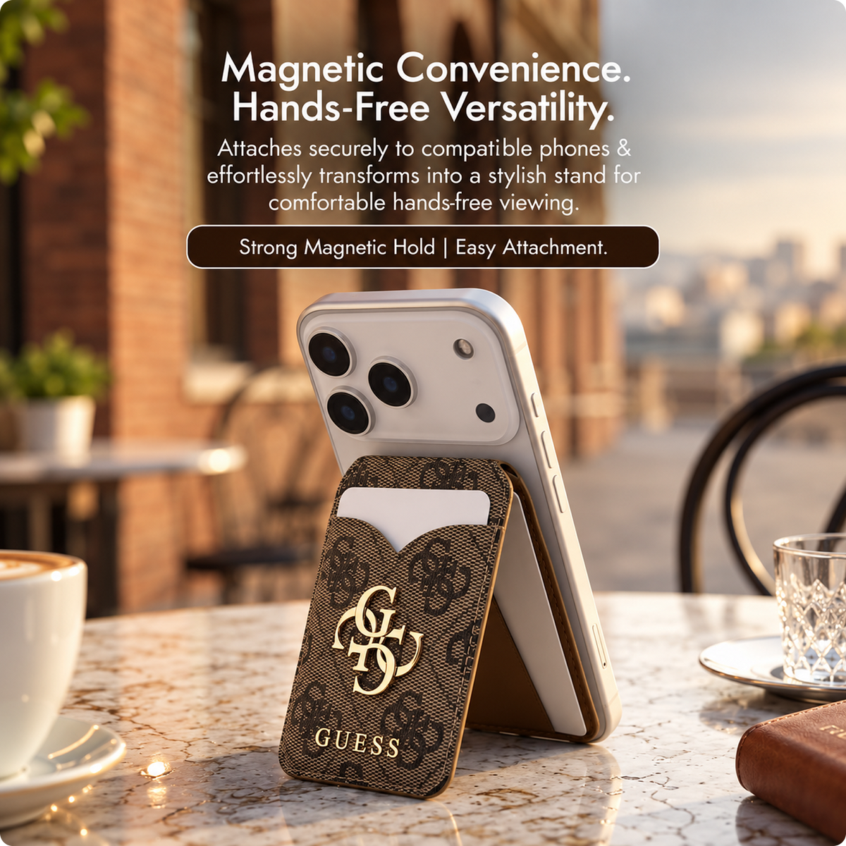 CG MOBILE Guess Magnetic Wallet Official Licensed, PU Wallet Cardslot 2 Crads Equipped with Magnetic System Stand Function & Mirror - Brown