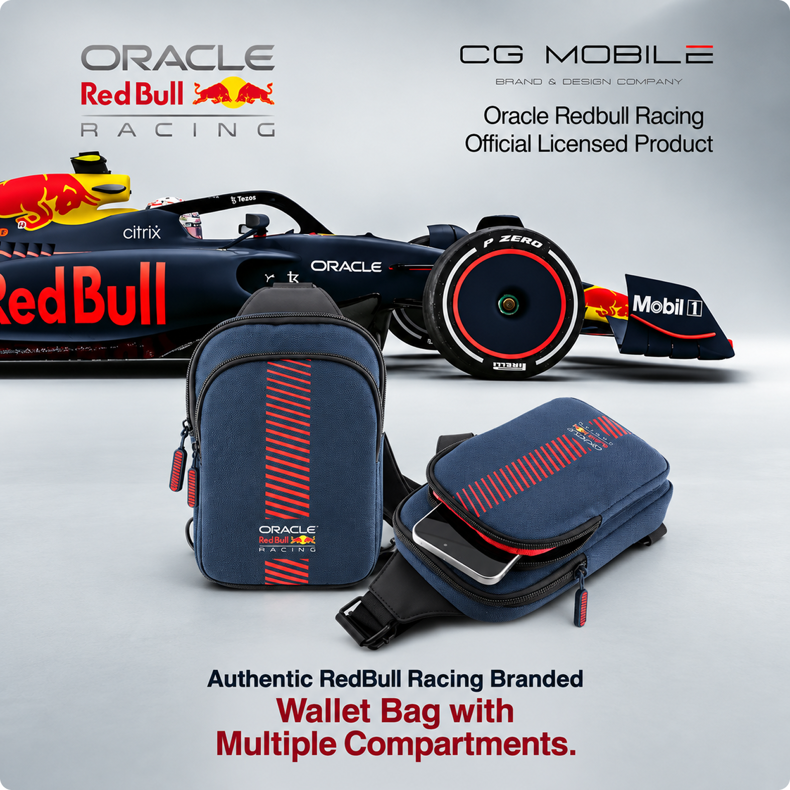 CG MOBILE RedBull Racing Universal Phone Bag Official Licensed, Crossbody Nylon Phone Pouch with PowerBar, Impact-Resistant Protective Phone Holder for Men & Women - Navy
