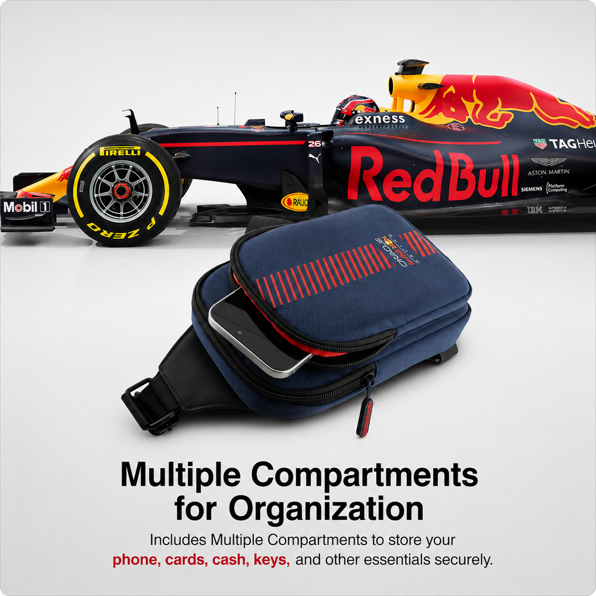 CG MOBILE RedBull Racing Universal Phone Bag Official Licensed, Crossbody Nylon Phone Pouch with PowerBar, Impact-Resistant Protective Phone Holder for Men & Women - Navy