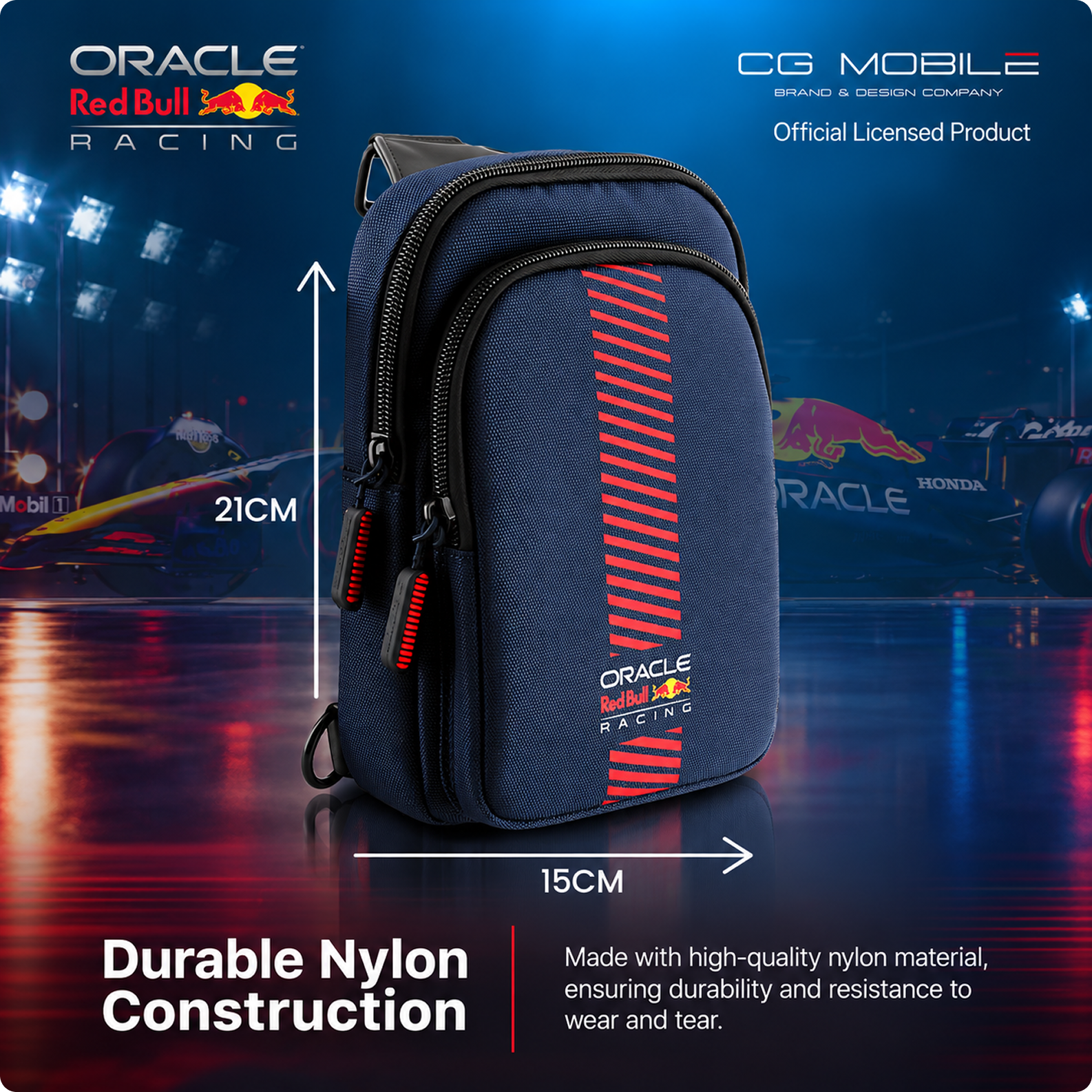 CG MOBILE RedBull Racing Universal Phone Bag Official Licensed, Crossbody Nylon Phone Pouch with PowerBar, Impact-Resistant Protective Phone Holder for Men & Women - Navy