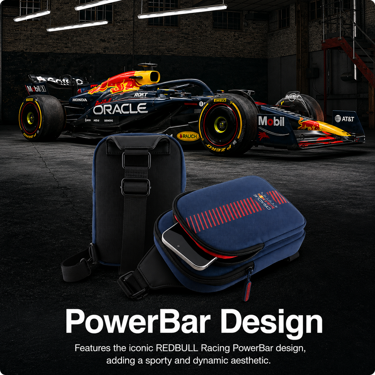 CG MOBILE RedBull Racing Universal Phone Bag Official Licensed, Crossbody Nylon Phone Pouch with PowerBar, Impact-Resistant Protective Phone Holder for Men & Women - Navy