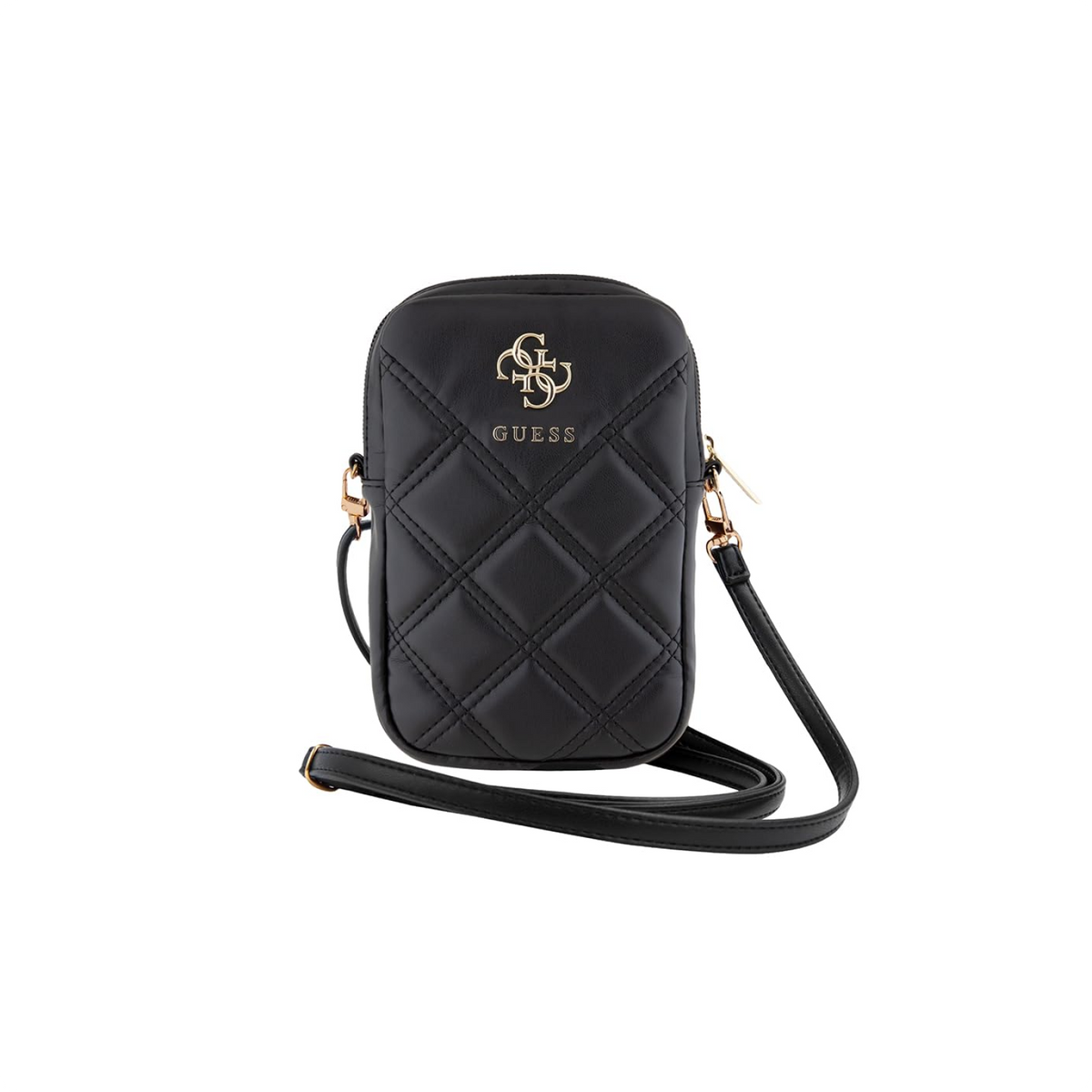 CG MOBILE Guess Universal Wallet Bag Official Licensed PU Leather, Quilted with Zipper and 4G Metal Logo, Crossbody Bag, Protective Smartphone Wallet Bag & Travel Sling Pouch for Unisex - Black