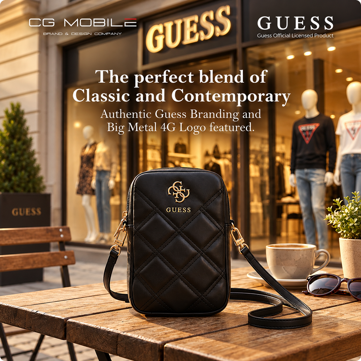 CG MOBILE Guess Universal Wallet Bag Official Licensed PU Leather, Quilted with Zipper and 4G Metal Logo, Crossbody Bag, Protective Smartphone Wallet Bag & Travel Sling Pouch for Unisex - Black