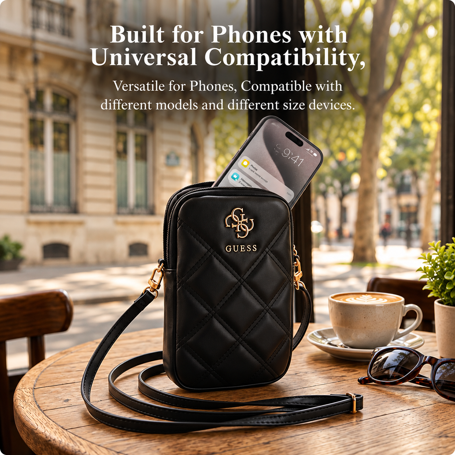 CG MOBILE Guess Universal Wallet Bag Official Licensed PU Leather, Quilted with Zipper and 4G Metal Logo, Crossbody Bag, Protective Smartphone Wallet Bag & Travel Sling Pouch for Unisex - Black