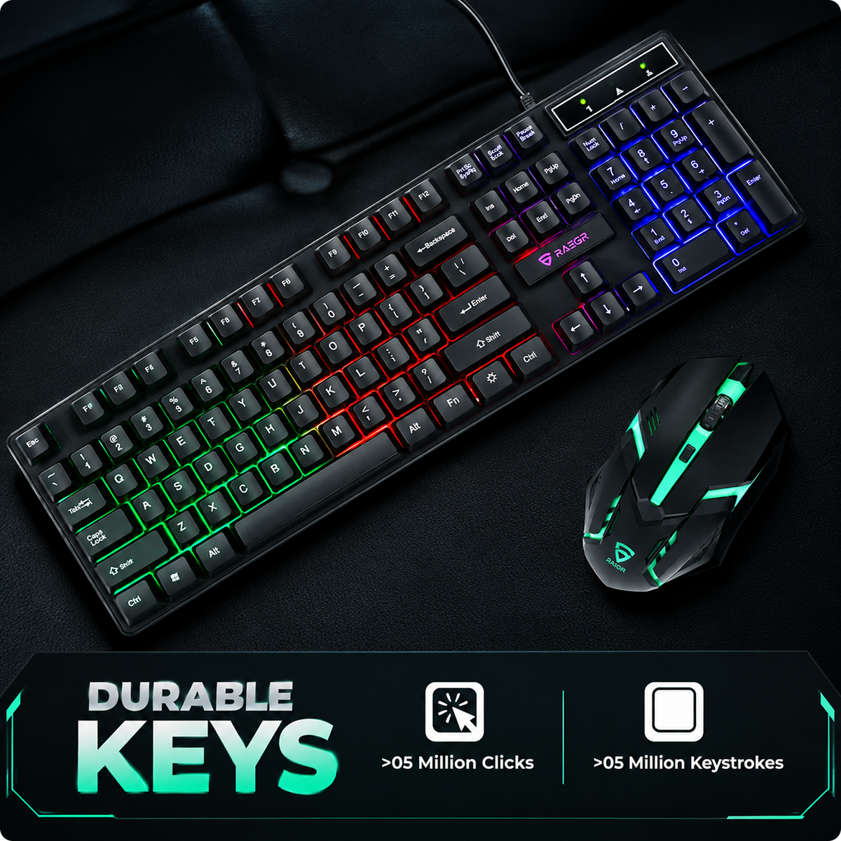 RAEGR RapidGear X30 Wired Gaming Keyboard and Mouse Combo 1200 DPI, LED Rainbow Backlit, Floating Keycaps with Breathing Lights Effect, Plug & Play | Compatible with PC/Laptop/Mac