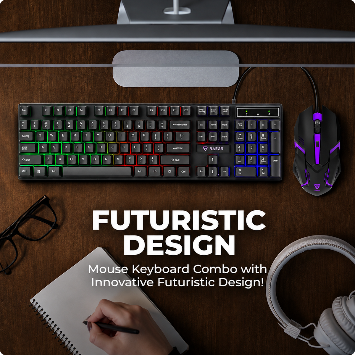 RAEGR RapidGear X30 Wired Gaming Keyboard and Mouse Combo 1200 DPI, LED Rainbow Backlit, Floating Keycaps with Breathing Lights Effect, Plug & Play | Compatible with PC/Laptop/Mac
