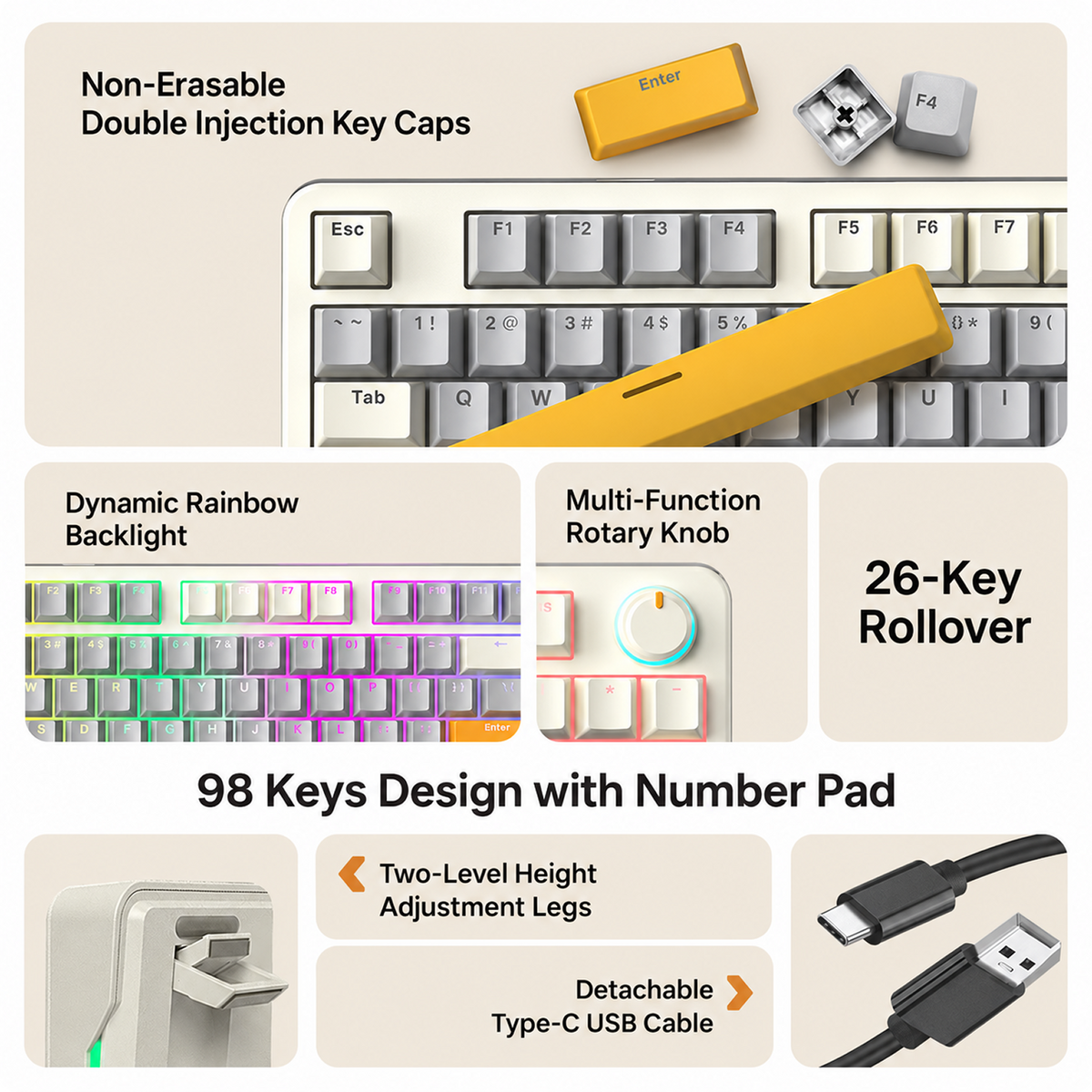 RAEGR MechGear X100 Mechanical Gaming Keyboard, 98 Keys Compact Full Size, Rainbow Backlit, Hot-Swappable Switches, Multi-Function Volume Knob with Detachable Cable Retro White/Grey