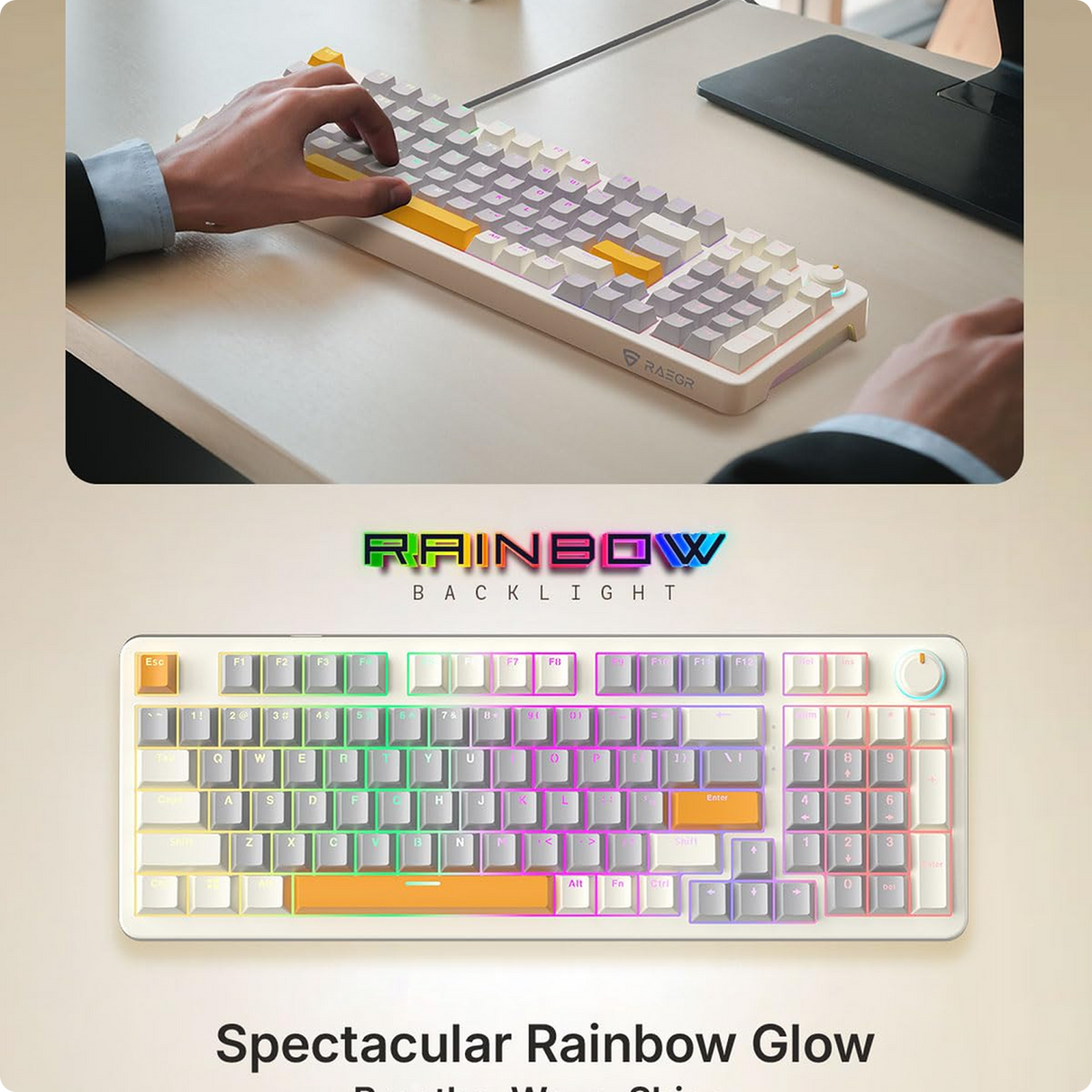 RAEGR MechGear X100 Mechanical Gaming Keyboard, 98 Keys Compact Full Size, Rainbow Backlit, Hot-Swappable Switches, Multi-Function Volume Knob with Detachable Cable Retro White/Grey