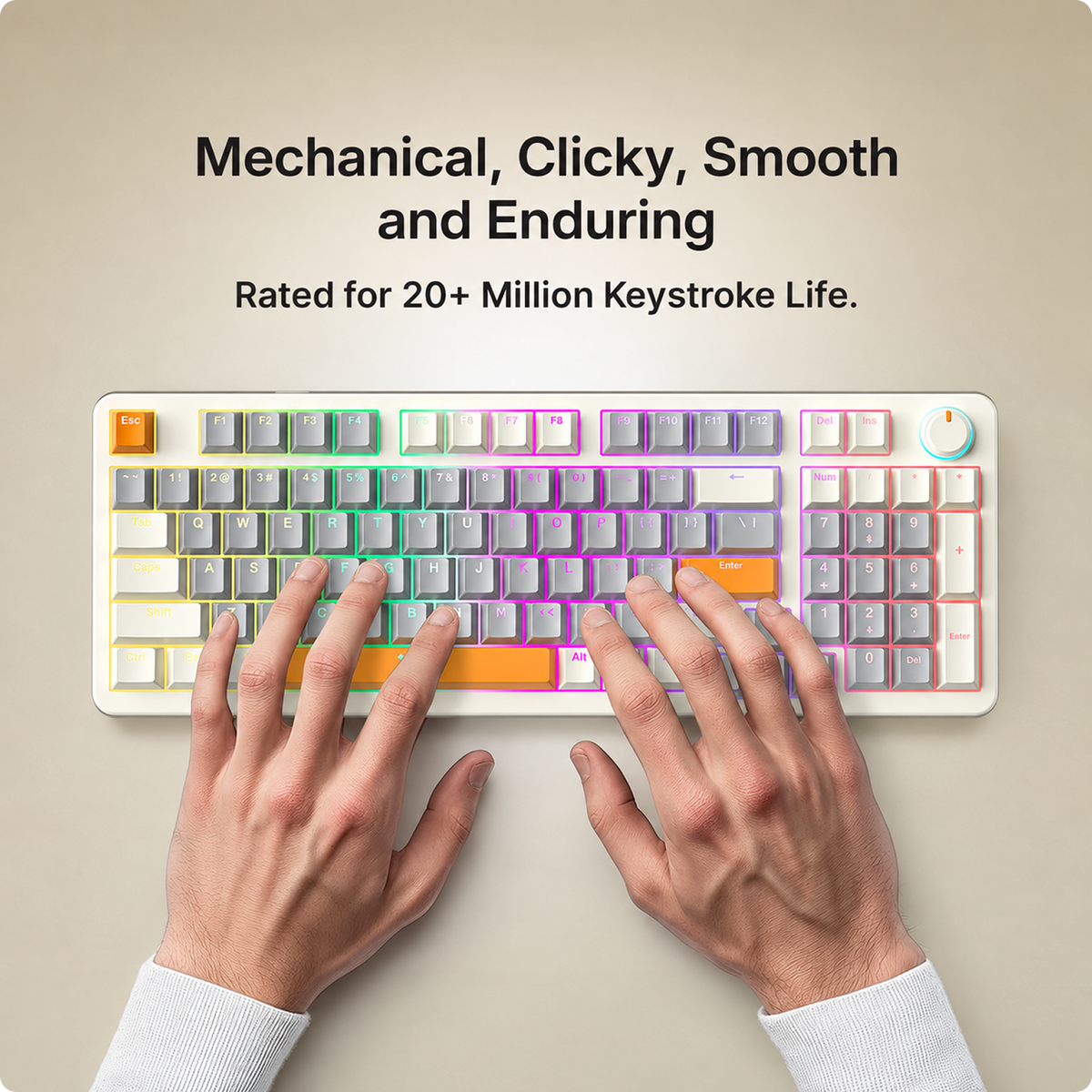 RAEGR MechGear X100 Mechanical Gaming Keyboard, 98 Keys Compact Full Size, Rainbow Backlit, Hot-Swappable Switches, Multi-Function Volume Knob with Detachable Cable Retro White/Grey