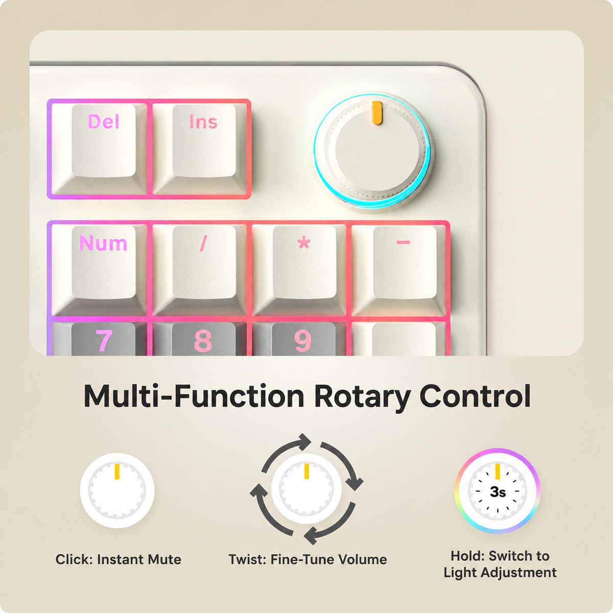 RAEGR MechGear X100 Mechanical Gaming Keyboard, 98 Keys Compact Full Size, Rainbow Backlit, Hot-Swappable Switches, Multi-Function Volume Knob with Detachable Cable Retro White/Grey
