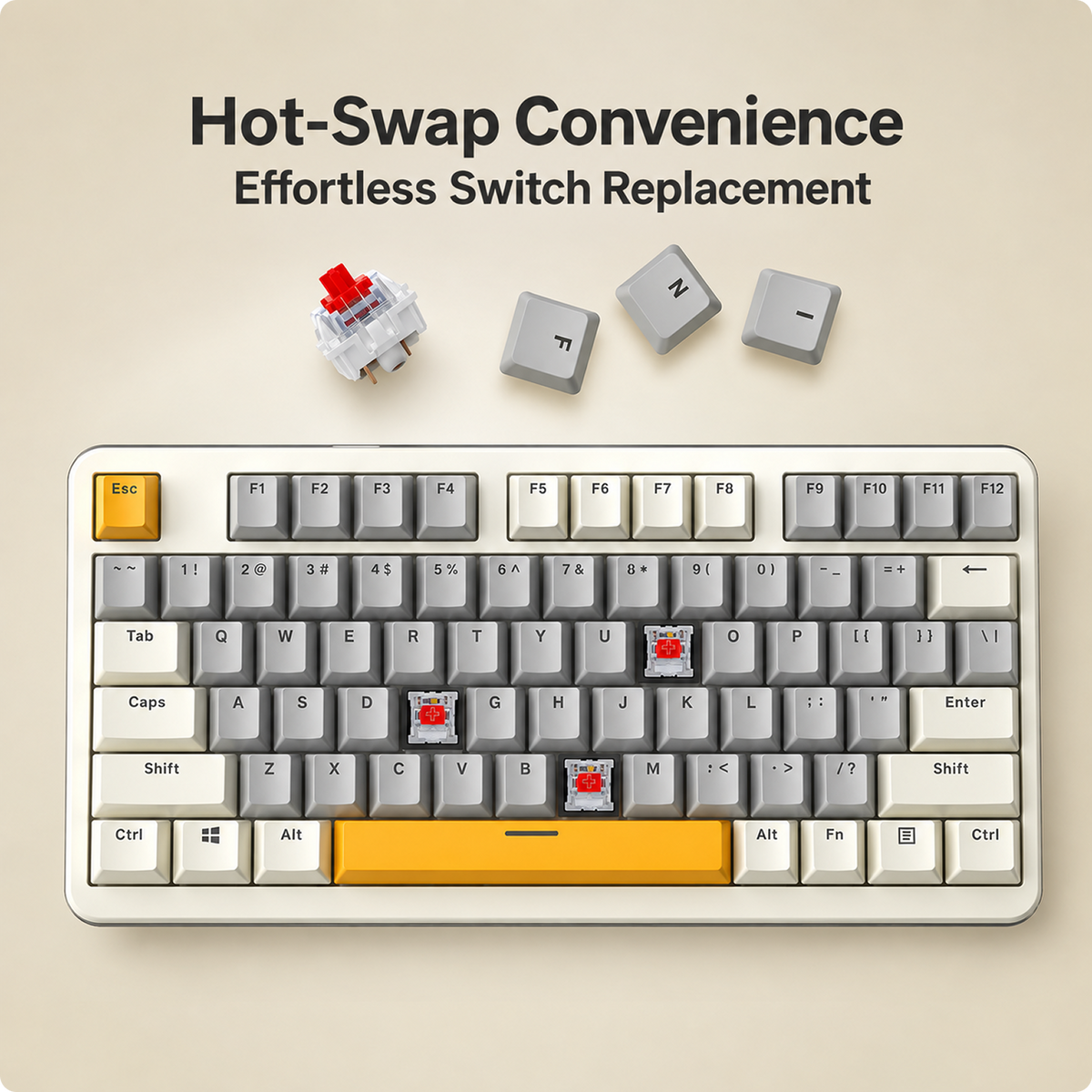RAEGR MechGear X100 Mechanical Gaming Keyboard, 98 Keys Compact Full Size, Rainbow Backlit, Hot-Swappable Switches, Multi-Function Volume Knob with Detachable Cable Retro White/Grey