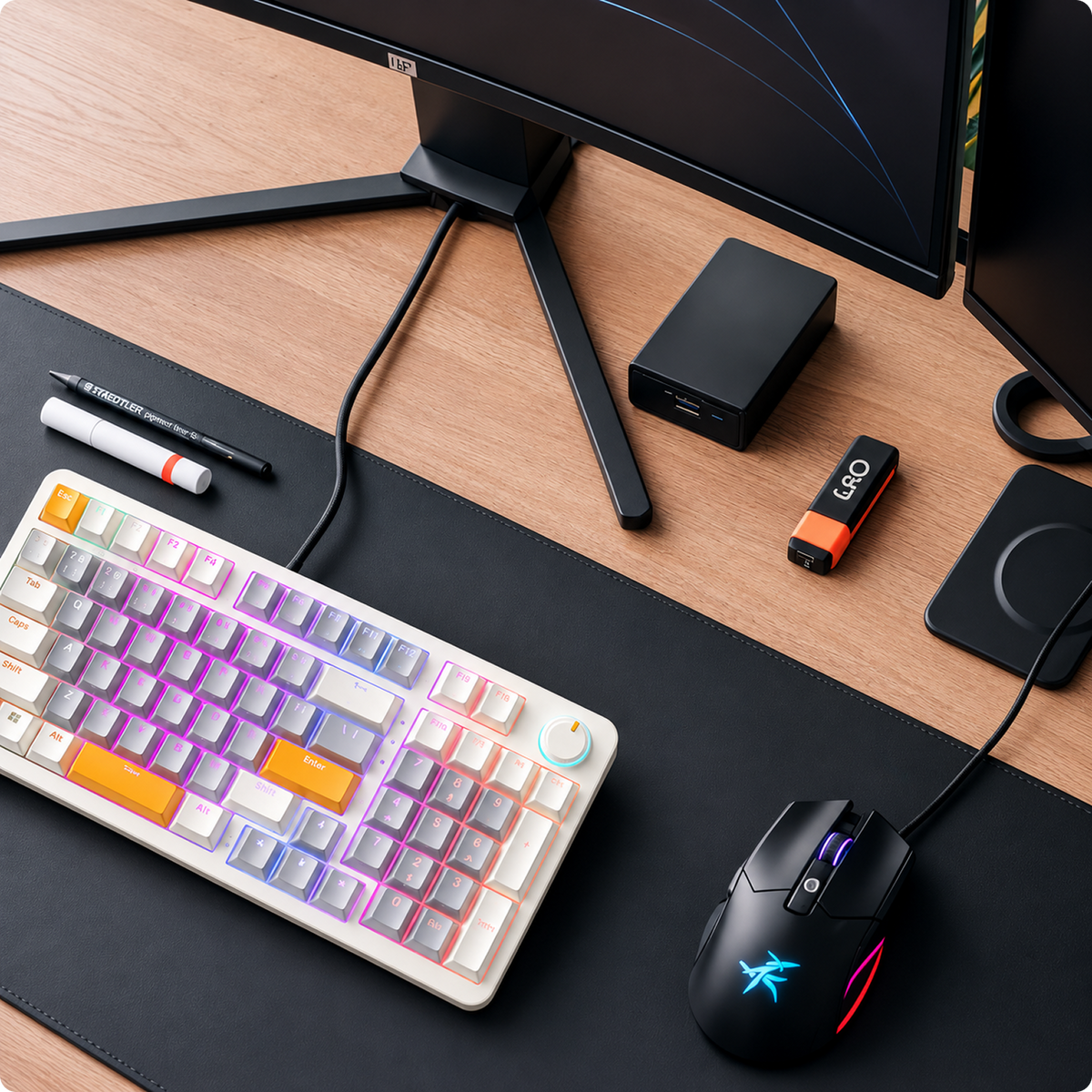RAEGR MechGear X100 Mechanical Gaming Keyboard, 98 Keys Compact Full Size, Rainbow Backlit, Hot-Swappable Switches, Multi-Function Volume Knob with Detachable Cable Retro White/Grey