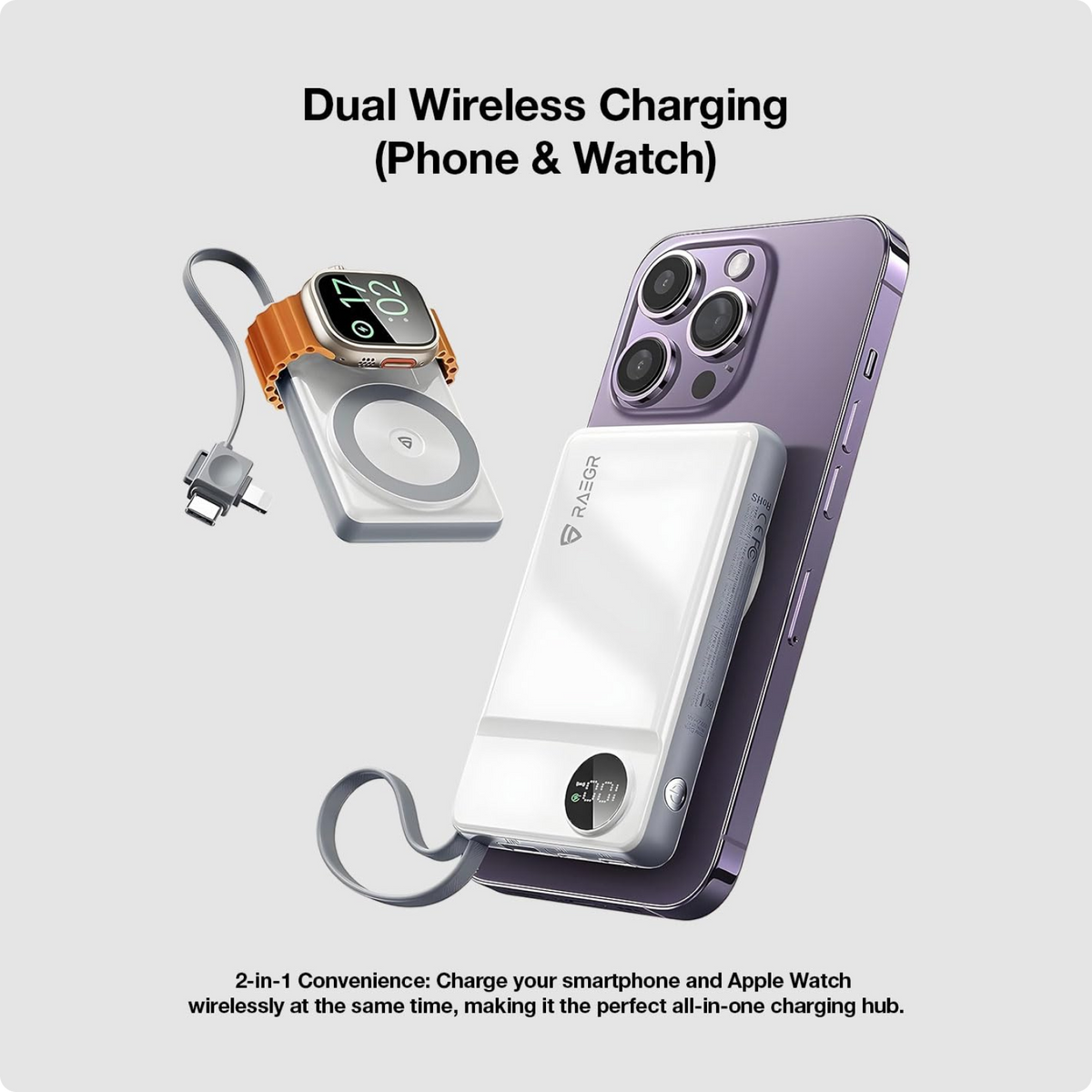 RAEGR 10000mAh MagFix M10x Wireless Power Bank, Fast Wired 20W PD Charging Upto 15W Magnetic Qi-Enabled Wireless Charging with Watch Charger, Type-C Input/Output, Universal Compatible