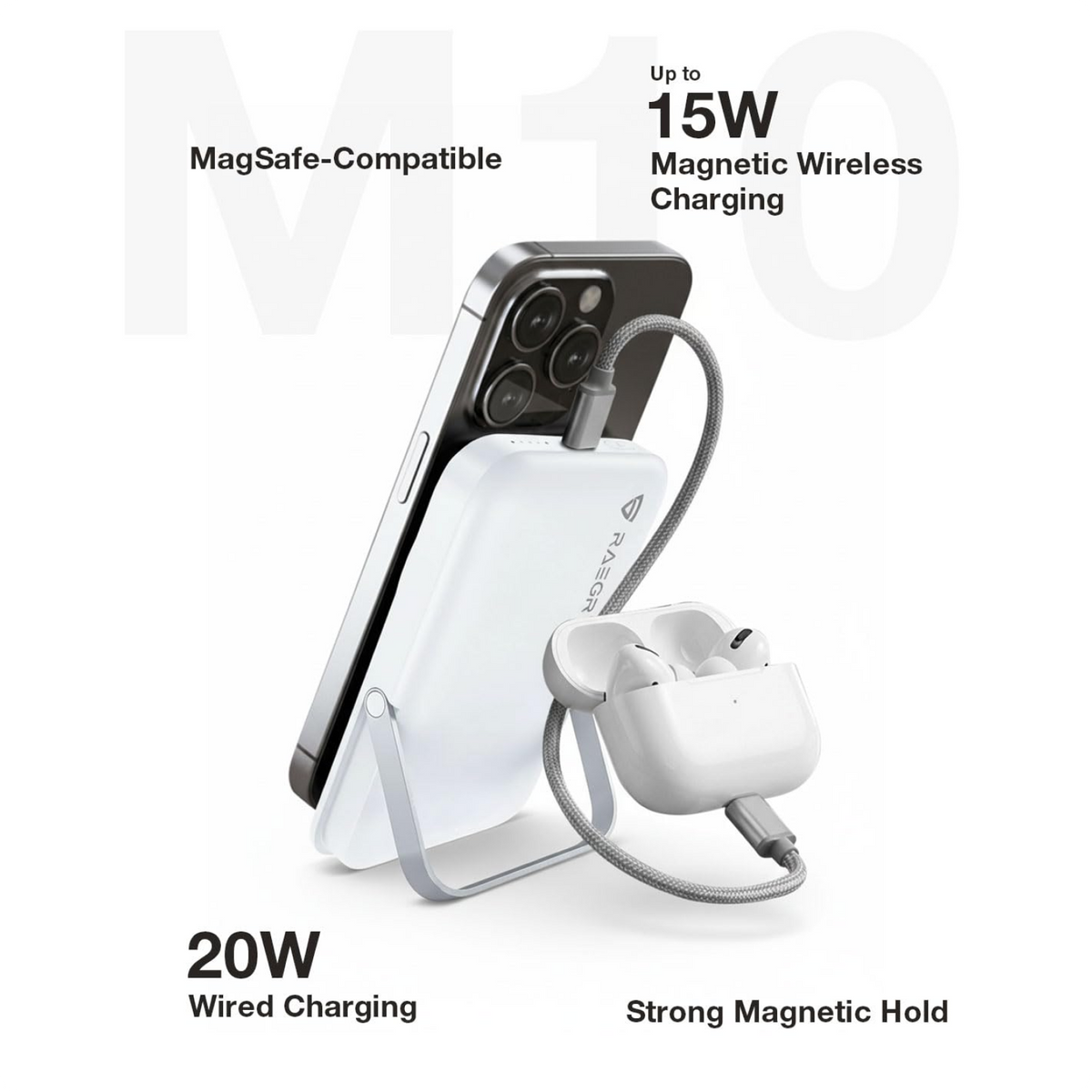 RAEGR 10000mAh MagFix M10s Wireless Power Bank, Super Fast 20W PD Charging Upto 15W Magnetic Qi-Enabled Wireless Charging with Stand Mode, QC 3.0 Support, Type-C Input/Output, Universal Compatible