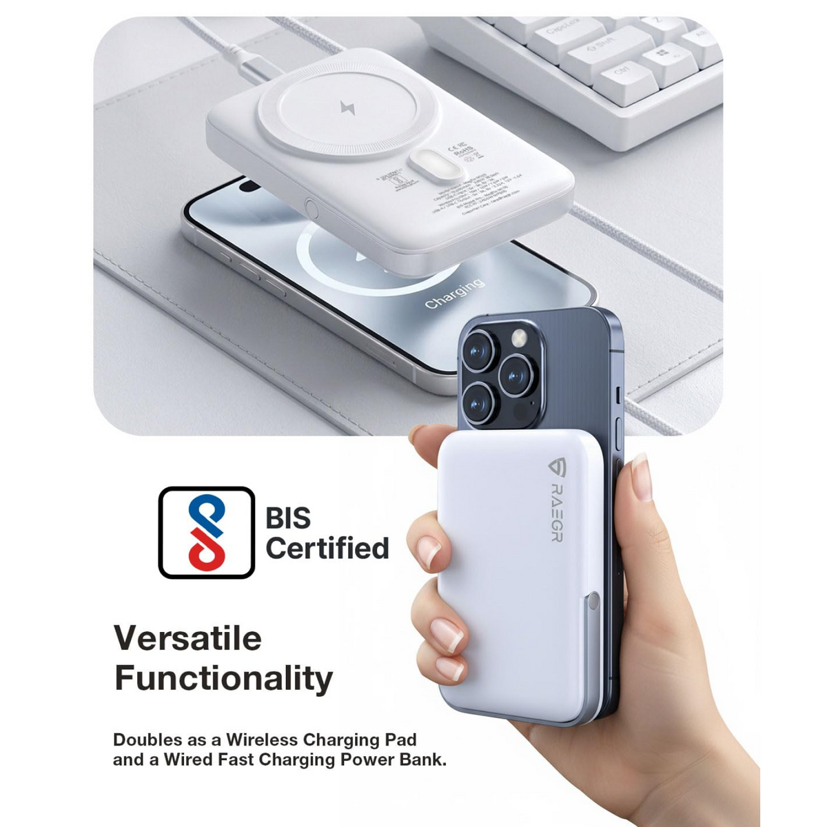 RAEGR 10000mAh MagFix M10s Wireless Power Bank, Super Fast 20W PD Charging Upto 15W Magnetic Qi-Enabled Wireless Charging with Stand Mode, QC 3.0 Support, Type-C Input/Output, Universal Compatible
