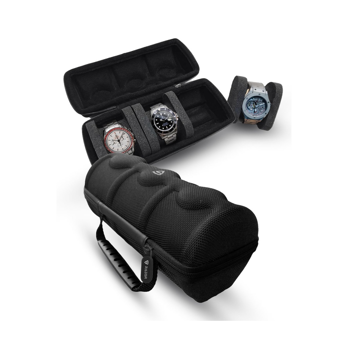 RAEGR Nylon 3 Slots Watch Travel Case For Men And Women Portable Watch Storage Box Holder Organizer Display Case With Foam Pillows,Watch Roll,Fit Wristwatches&Smart Watches Up To 50Mm - Black