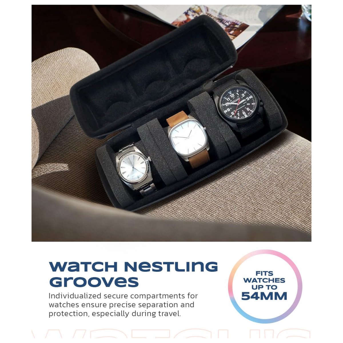 RAEGR Nylon 3 Slots Watch Travel Case For Men And Women Portable Watch Storage Box Holder Organizer Display Case With Foam Pillows,Watch Roll,Fit Wristwatches&Smart Watches Up To 50Mm - Black