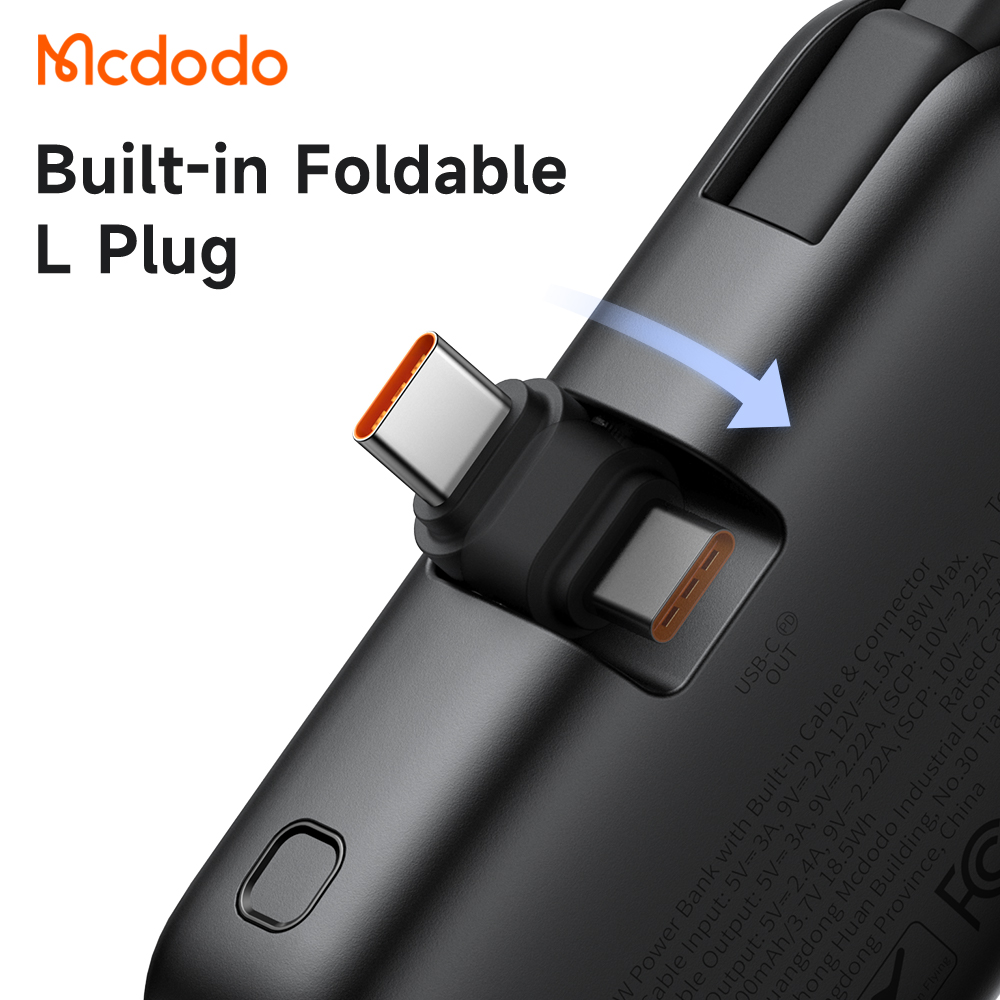 Mcdodo 22.5W Digital Display 5000mAh Pocket Power Bank with Built-in Cable & Connector (For USB-C)