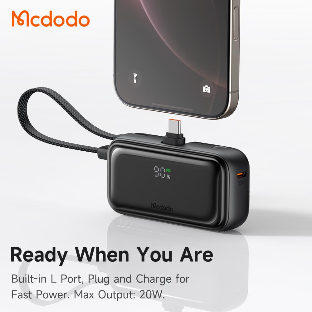 Mcdodo 22.5W Digital Display 5000mAh Pocket Power Bank with Built-in Cable & Connector (For USB-C)