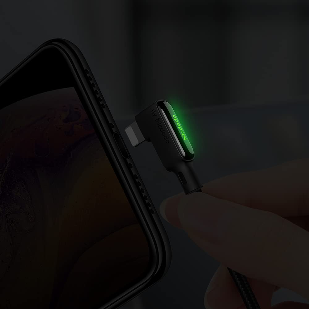mcdodo Lightning Fast Charge 90 Degree Straight With LED light Long Gaming Data Cable for Charging & data Sync Black Glue Series Black 1.8 Meter