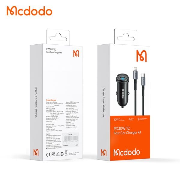 MCDODO CC-7492 CAR Charger, USB-C, 30W + USB-C to Lightning Cable Black