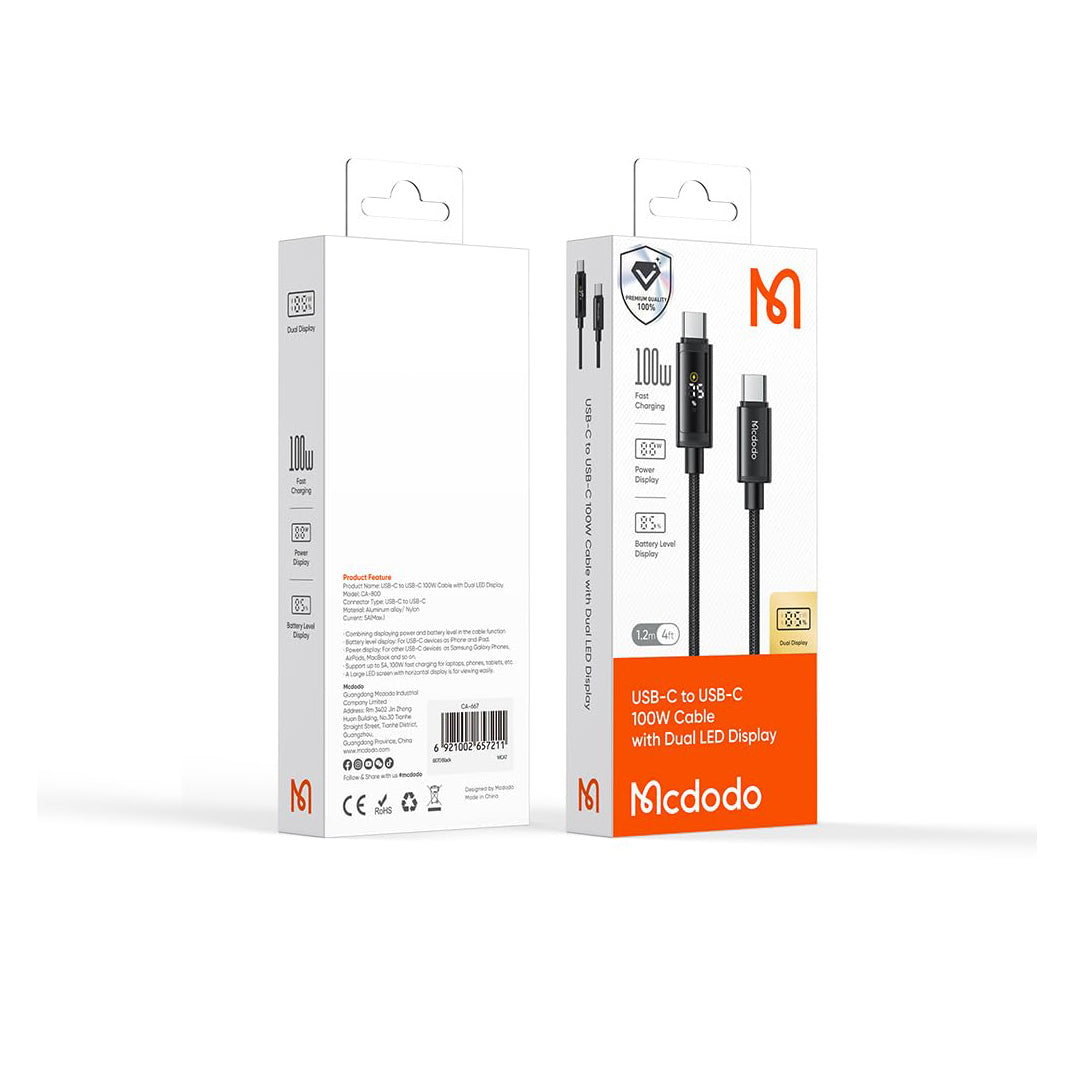 Mcdodo 100W C To C Digital Dual LED Displays Cable, real-time power and battery display, Fast Charging Cable