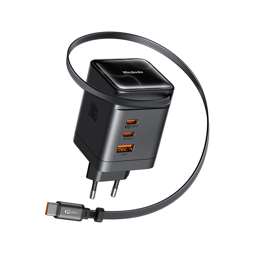 Mcdodo 100W USB C Charger with Retractable Cable, GaN Power Supply 4-Port Fast Charger with 70 cm Retractable Cable