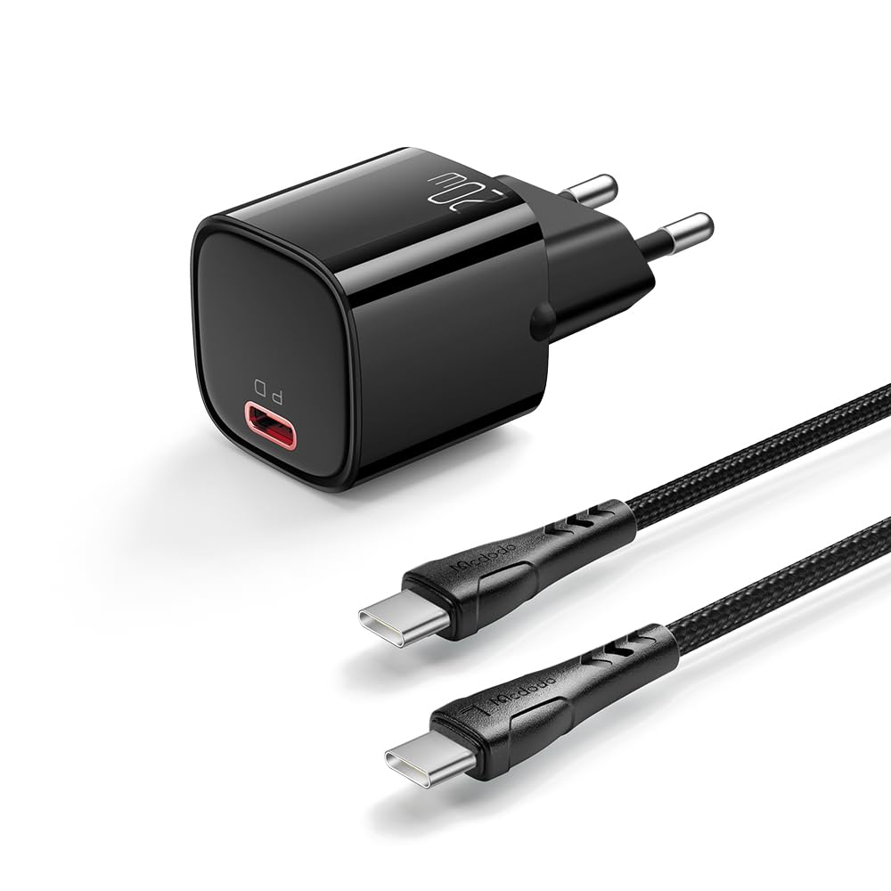 Mcdodo 20W PD Charger Set for iPhone 17 16 15 Series, Samsung S25 S24 S23 S22 S21 Series, and More Devices. 4X Fast Charging Adapter with Cable (Black, Type-C)