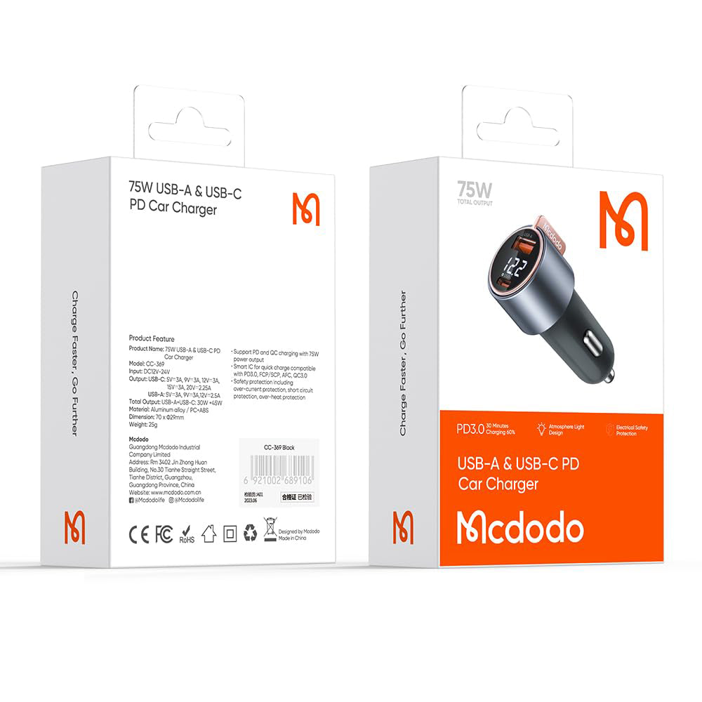 Mcdodo Cigarette Lighter Socket, USB 75W, Rapid Charging, Car Charger, Type C, Maximum Output 6A