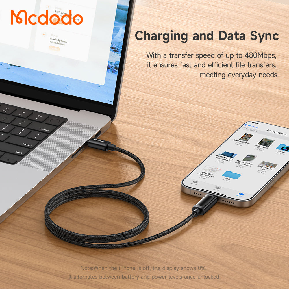 Mcdodo Dual LED Displays 36W USB-C to Lightning Cable 1.2m (Power Display&Battery Level Display for iPhone/iPad switching every 3 seconds)