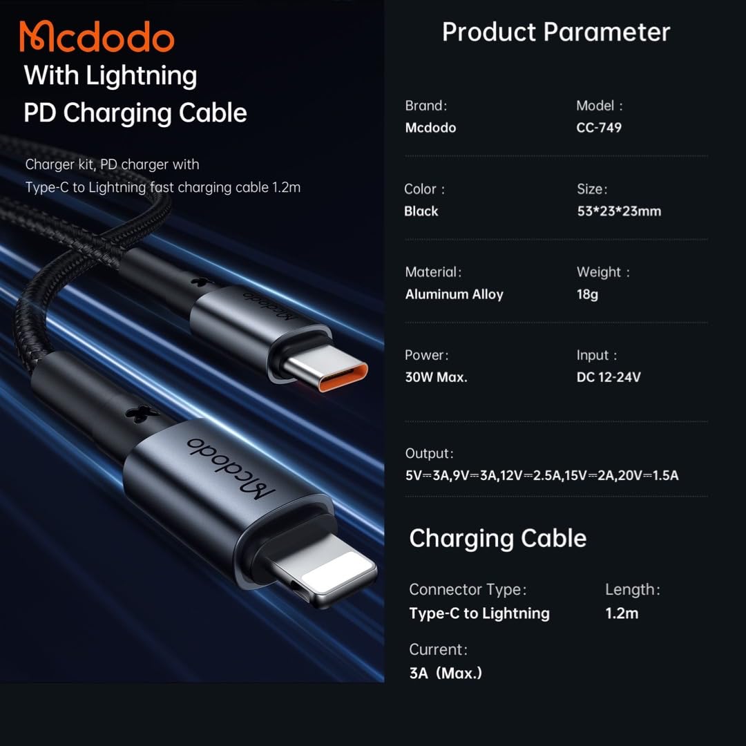 MCDODO CC-7492 CAR Charger, USB-C, 30W + USB-C to Lightning Cable Black