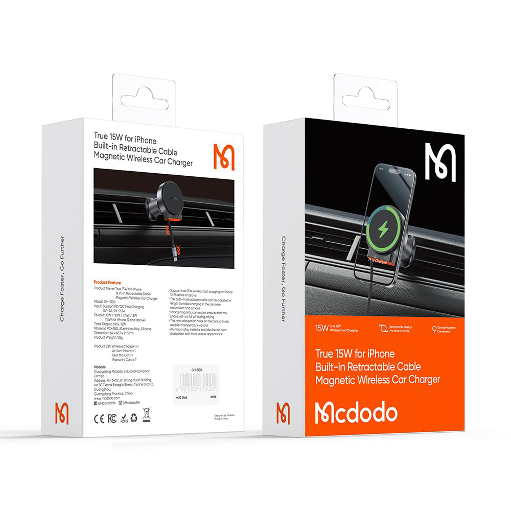 mcdodo for 15W MagSafe Car Mount Charger [Equipped with Type-C extendable Cable] Wireless Car Charger Magnetic Phone Holder Mount, Automobile Car Phone Holder Vent Fit