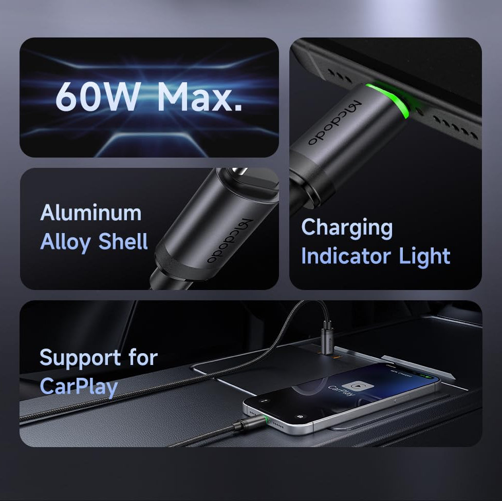 Mcdodo 60W Type C to Type C Fast Charging Cable with LED Indicator, Nylon Braided USB C PD Data Cable, Aluminum Alloy, CarPlay Support for iPhone 17/16/15 Series, Samsung, OnePlus, MacBook (1 Meter)