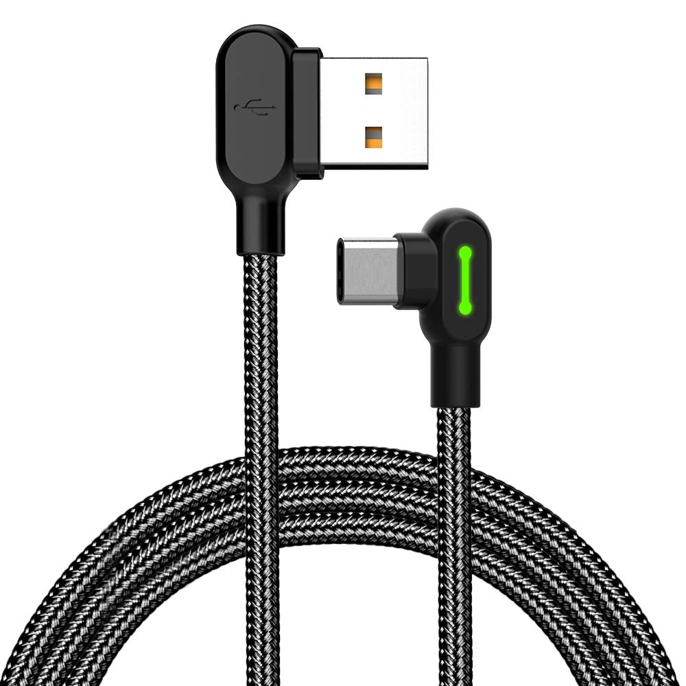 Mcdodo 1.8 meter - The Smart Shoppers Button Series LED 90 Degree Type C Right Angle Nylon Braided Gaming USB Fast Charger Data Sync Charging Cable Compatible with Galaxy and More (Black, 1.8 m)