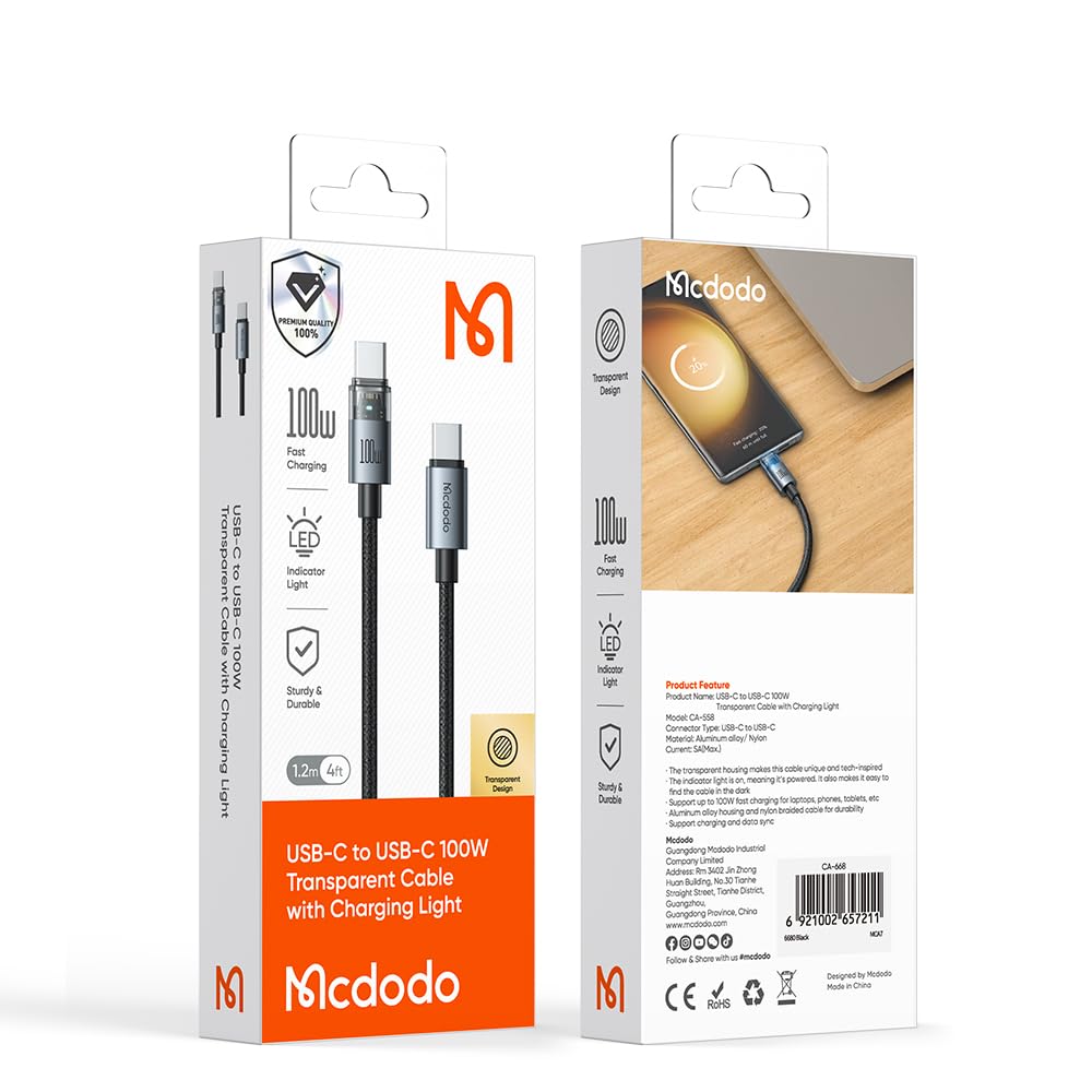 Mcdodo 100W USB-C to USB-C Charging Cable with Flashing Light 4ft, Nylon Braided USBC to C Fast Charging Cable Fit for iPhone 16 15 Pro ProMax Plus, Galaxy S23/S22+Ultra, iPad, MacBook(Black)