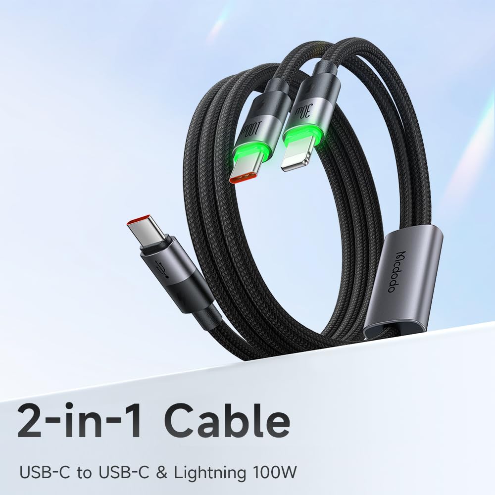 mcdodo USB C and Lightning Cable 2-in-1, USB-C to C & Lightning 100W Fast Charging Cable