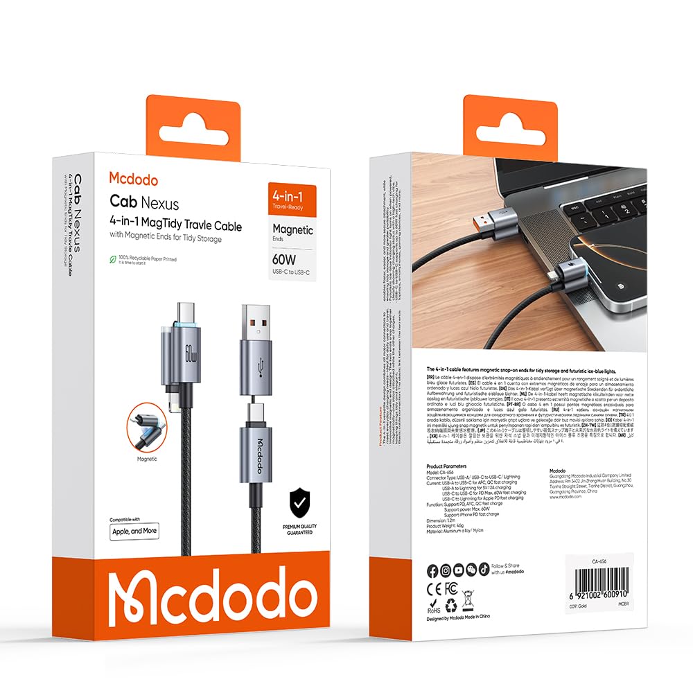 mcdodo Cab Nexus 4-in-1 MagTidy Travle Cable compatible for iPhones, iPads, Macbooks, Type-C Laptops. 1.2m