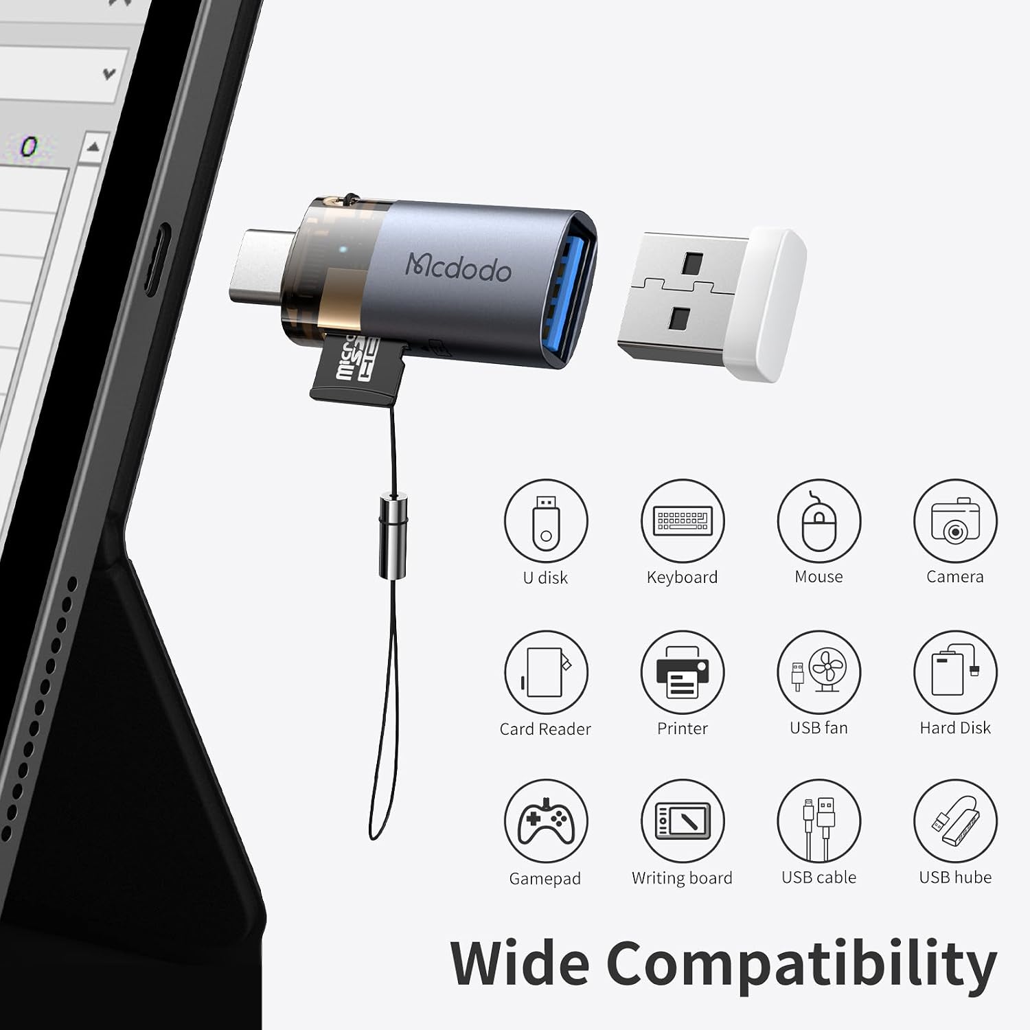 Mcdodo USB to USB-C Adapter with Micro SD Card Slot,TF Card Reader Type-C to USB 3.0 OTG Adapter Support Camera Mouse Keyboard Connect U Disk,Fit iPhone 16 15 MacBook iPad Galaxy
