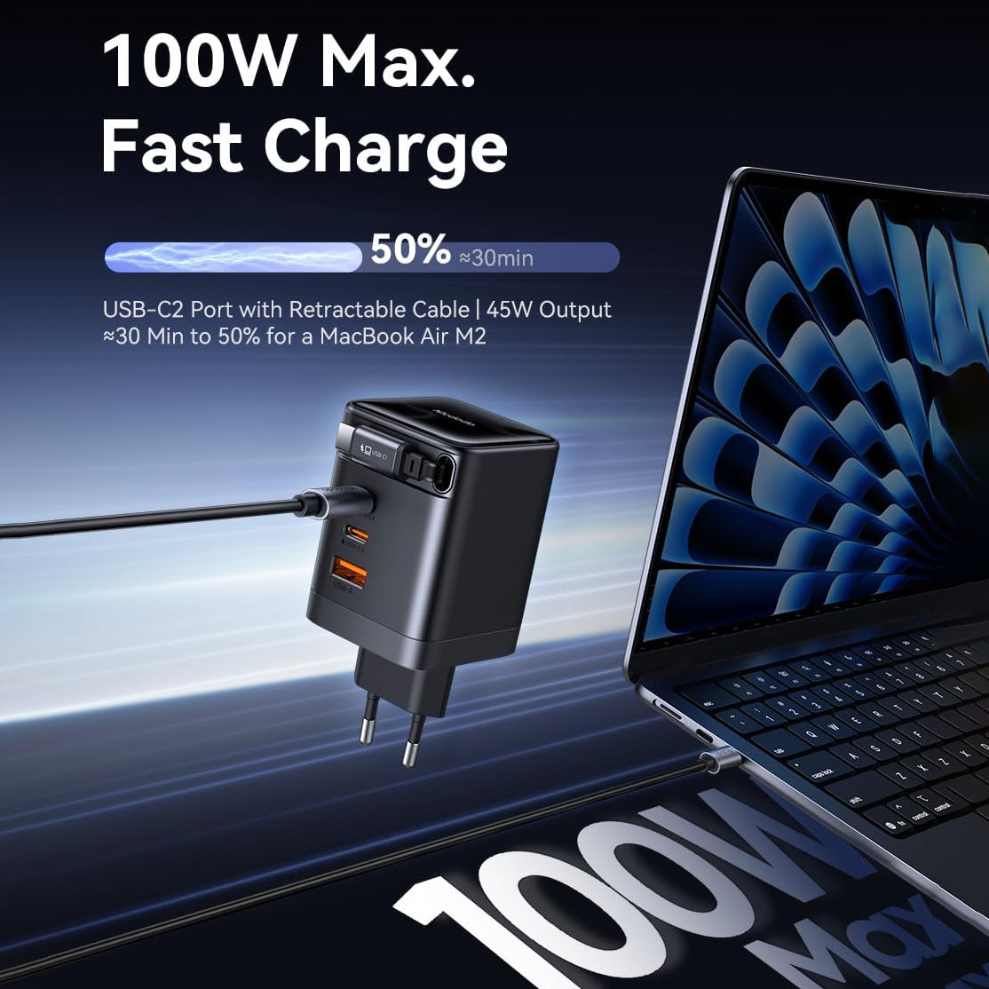 Mcdodo 100W USB C Charger with Retractable Cable, GaN Power Supply 4-Port Fast Charger with 70 cm Retractable Cable