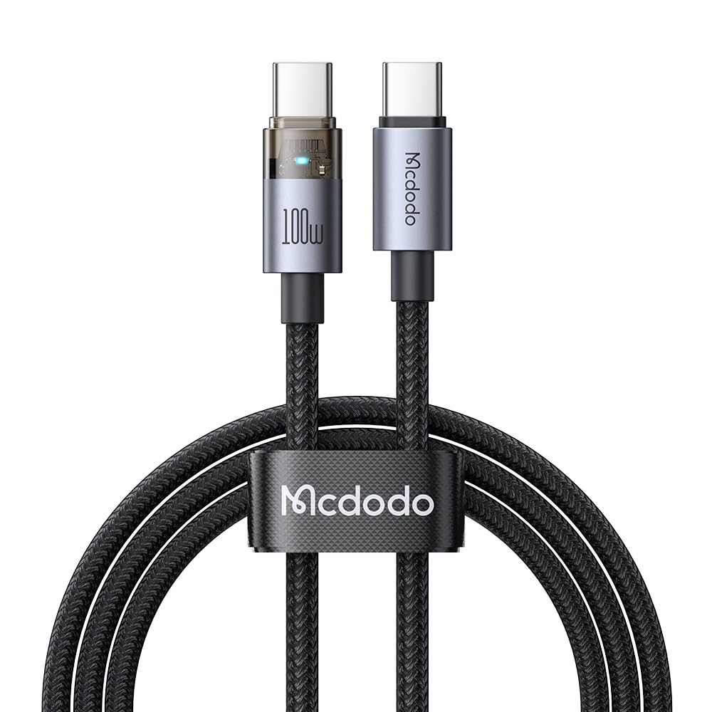 Mcdodo 100W USB-C to USB-C Charging Cable with Flashing Light 4ft, Nylon Braided USBC to C Fast Charging Cable Fit for iPhone 16 15 Pro ProMax Plus, Galaxy S23/S22+Ultra, iPad, MacBook(Black)