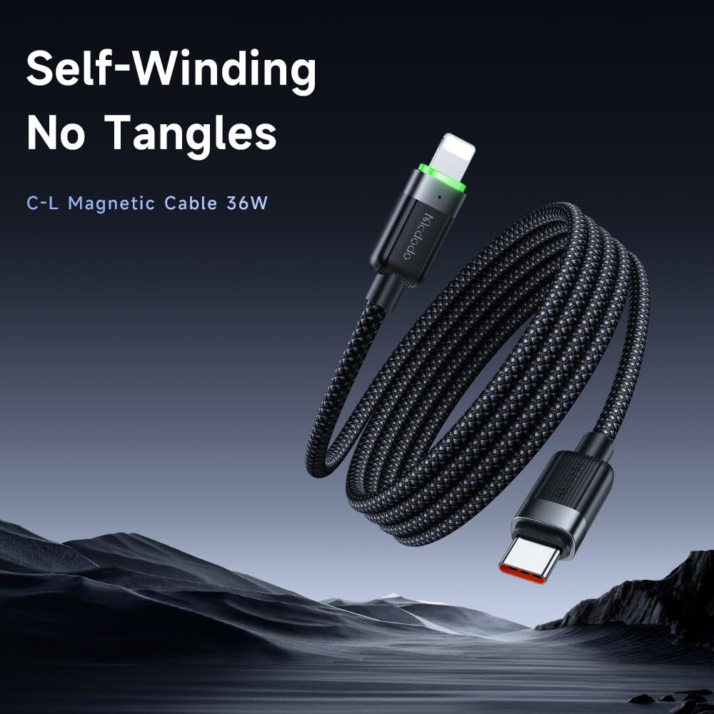 mcdodo Magnetic USB C to Lightning Cable iPhone Charging Cable USB C 36W LED Nylon Spiral Type C Fast Charging Cable Compatible with iPhone 14 13 Pro Max Mini XS XR X 8 7 SE