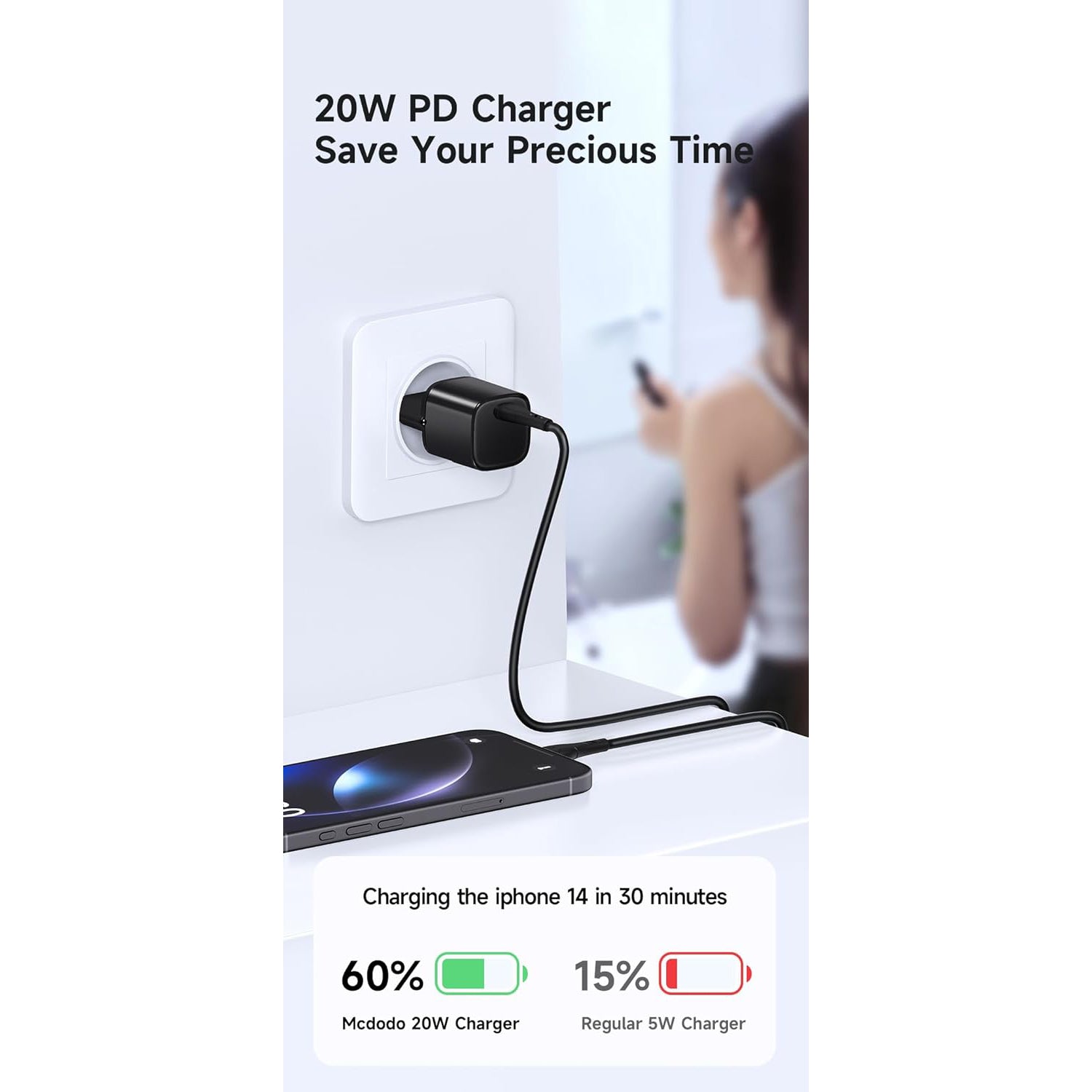 Mcdodo 20W PD Charger Set for iPhone 17 16 15 Series, Samsung S25 S24 S23 S22 S21 Series, and More Devices. 4X Fast Charging Adapter with Cable (Black, Type-C)