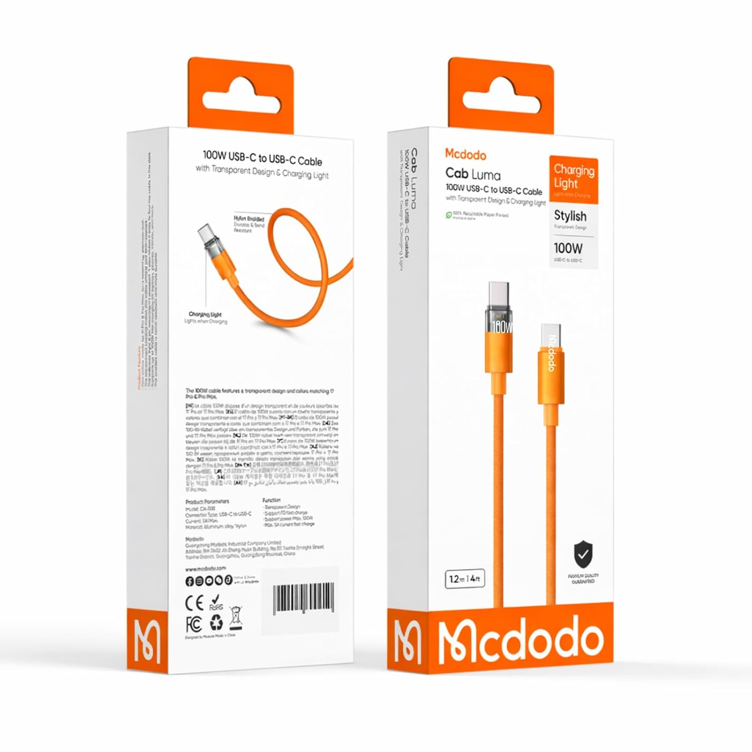 mcdodo 100W USB-C to USB-C Cable with Flashing Light 4ft, Nylon Braided C to C Fast Charging Cable