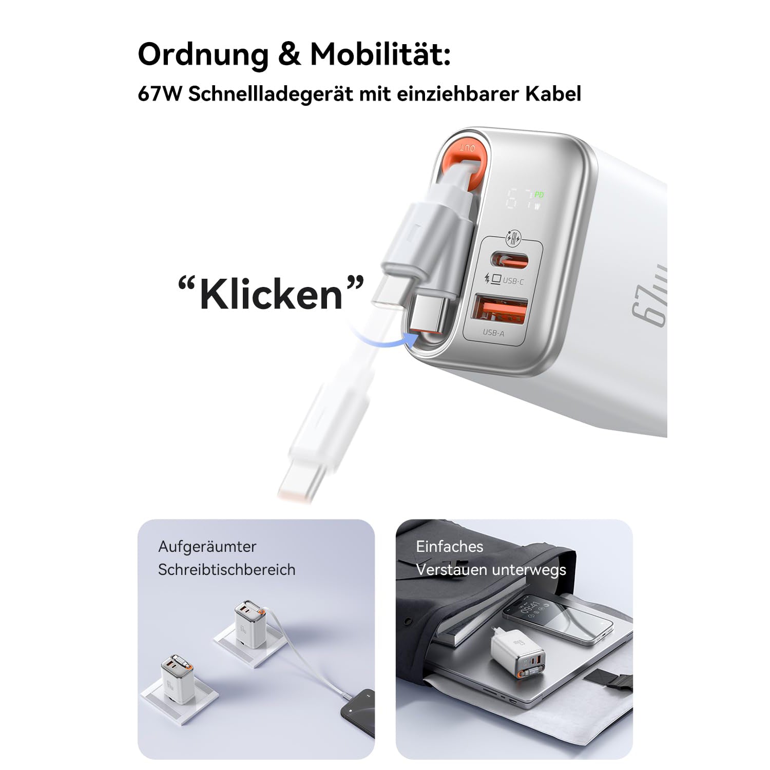 Mcdodo GaN Charger with Built-in Retractable Cable(EU Plug)
