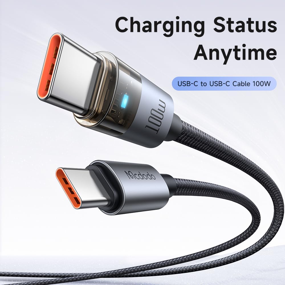 Mcdodo 100W USB-C to USB-C Charging Cable with Flashing Light 4ft, Nylon Braided USBC to C Fast Charging Cable Fit for iPhone 16 15 Pro ProMax Plus, Galaxy S23/S22+Ultra, iPad, MacBook(Black)